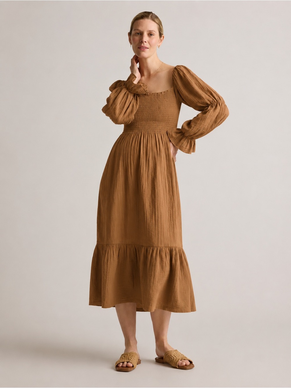 Quince Gauze Smocked Midi Dress-Caramel Brown Small 100% Organic Cotton